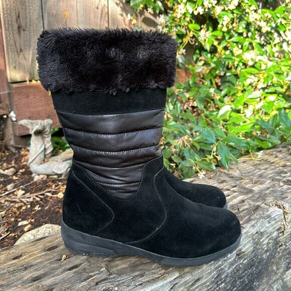 Lands End Woman Snow Boot Drift Mid Calf Pull On Black Suede Quilted 7.5 B - Picture 1 of 9